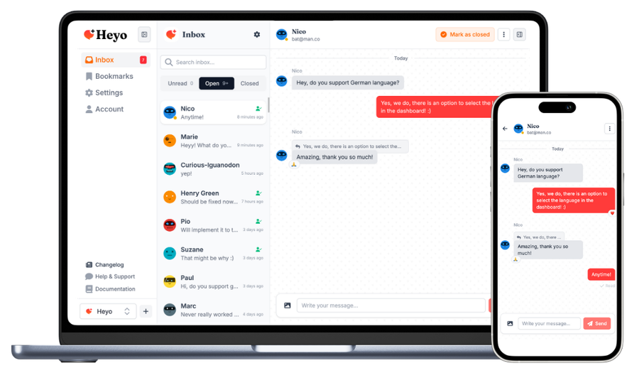 Heyo Livechat Widget Preview for desktop and mobile